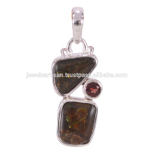 Designer Ammolite And Garnet Gemstone 925 Solid Silver Pendant Jewelry